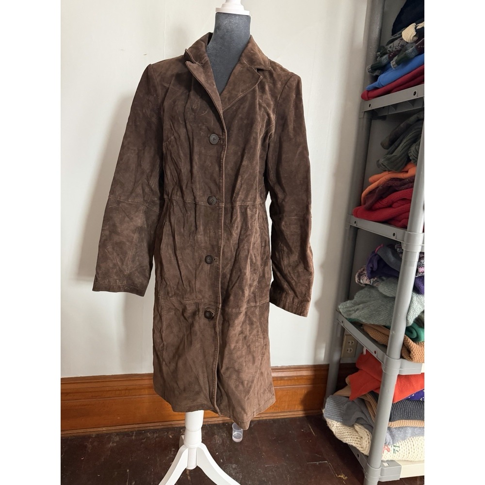 Women's Vintage Midi Long Leather Chocolate Brown Suede Romantic Jacket Goth‎ L